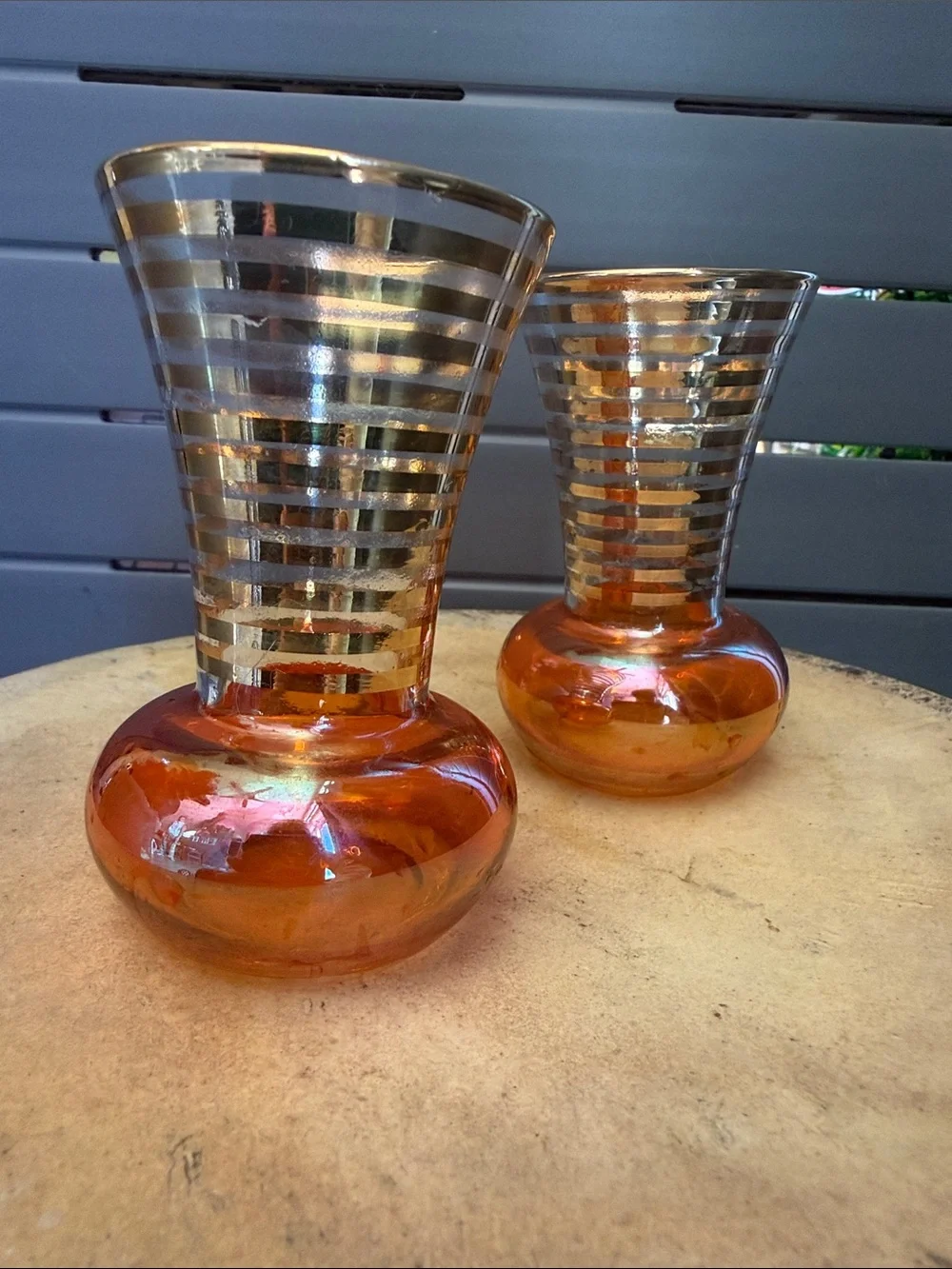 Vintage Bartlett Collins marigold iridescent carnival glass bud vases